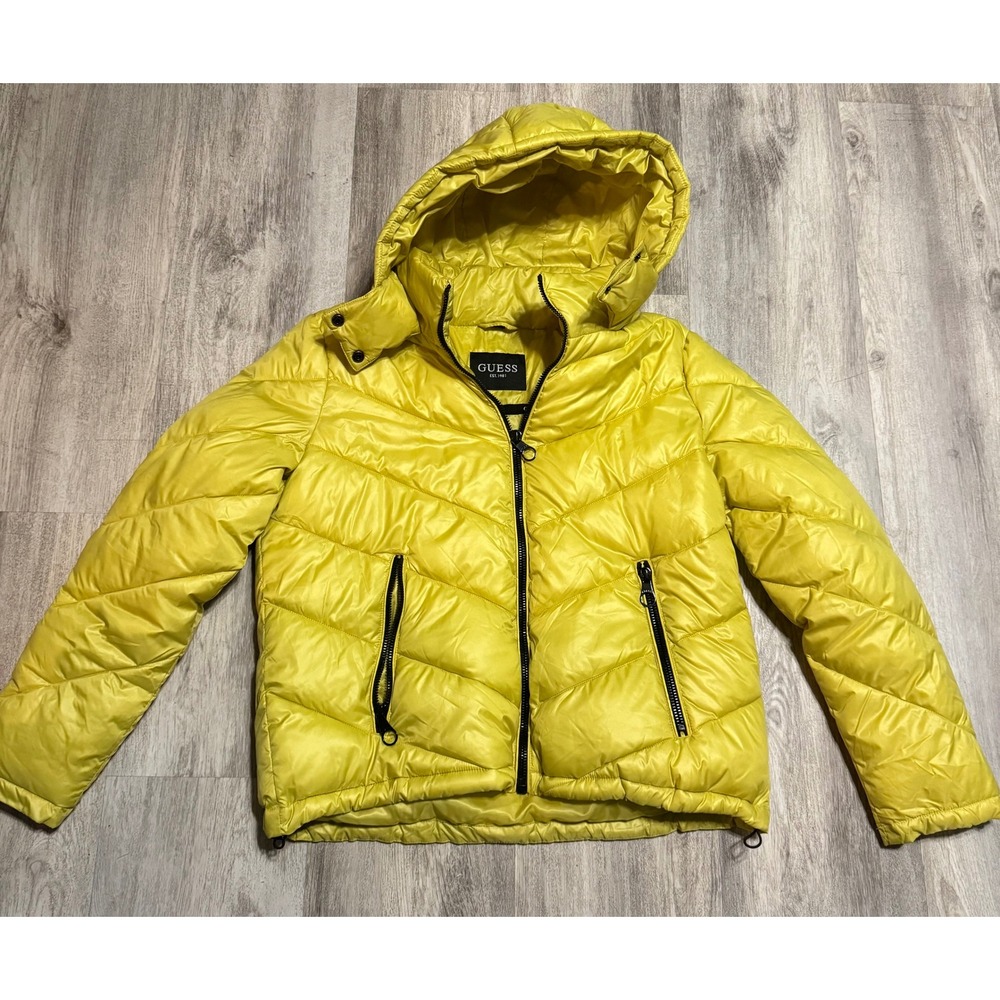 GUESS Yellow Puffer Jacket Hooded Zip Front Pockets Size LG Warm‎ Outerwear